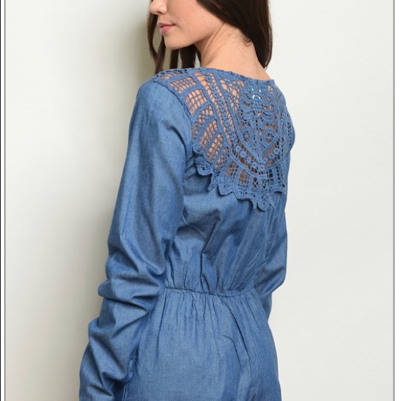 Blue Denim Lace Back Romper - Picture 2 of 2